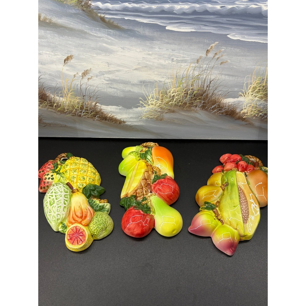 Vintage Ceramic Fruit Wall Hanging Set 3pc Glossy Tropical Kitchen Decor 9.5in